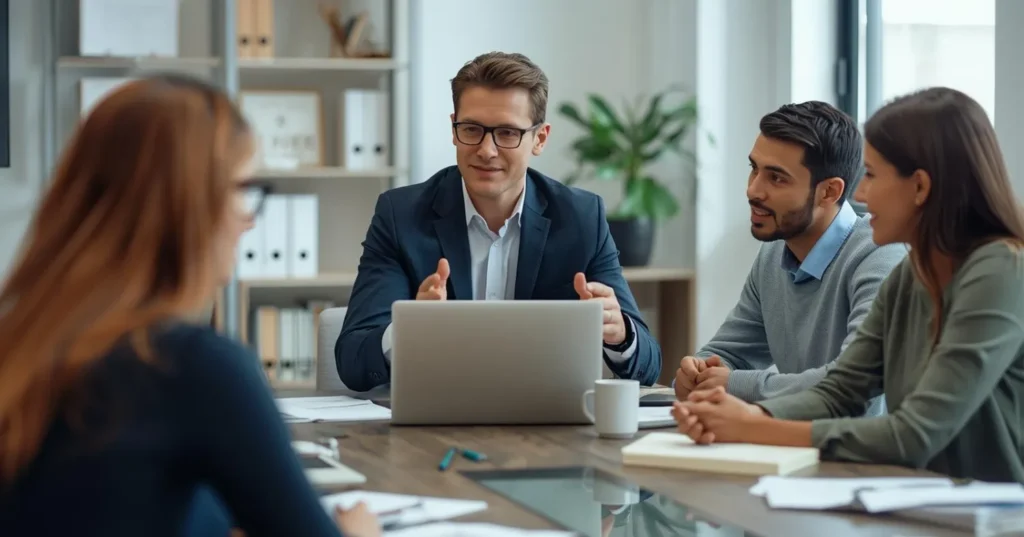 Business meeting with four professionals discussing HR strategies, laptop on table, focused on PEO services benefits.