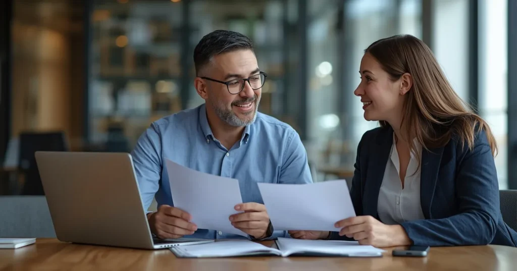 Professionals discussing HR documents at a table with a laptop, illustrating collaboration in PEO services for businesses in 2026.