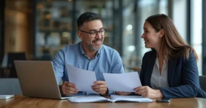 small business owner discussing PEO services and HR outsourcing with advisor including payroll management and HR support