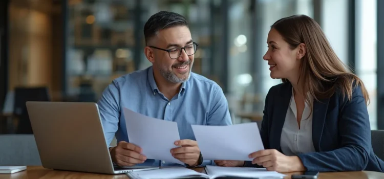 Professionals discussing HR documents at a table with a laptop, highlighting collaboration in payroll management and employee benefits for PEO services.