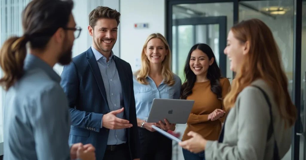 Business professionals discussing HR solutions in a modern office, highlighting collaboration and engagement, relevant to PEO services and HR outsourcing.
