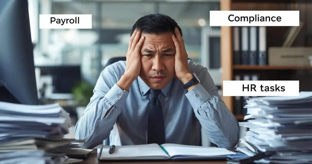 Stressed businessman surrounded by paperwork, labeled with "Payroll," "Compliance," and "HR tasks," illustrating the complexities of managing HR functions and the benefits of PEO services.