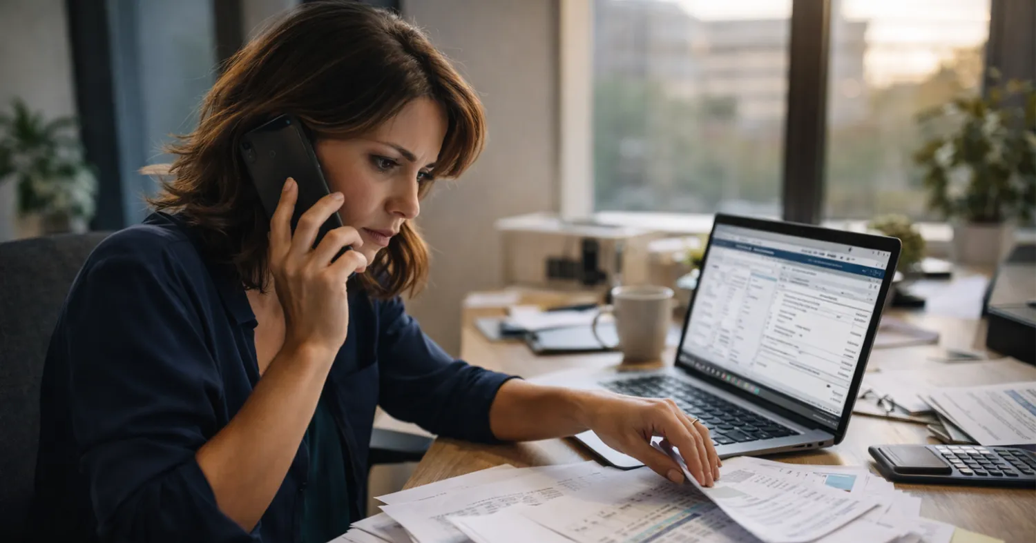 Overwhelmed HR manager multitasking payroll and compliance tasks in a small Utah business office