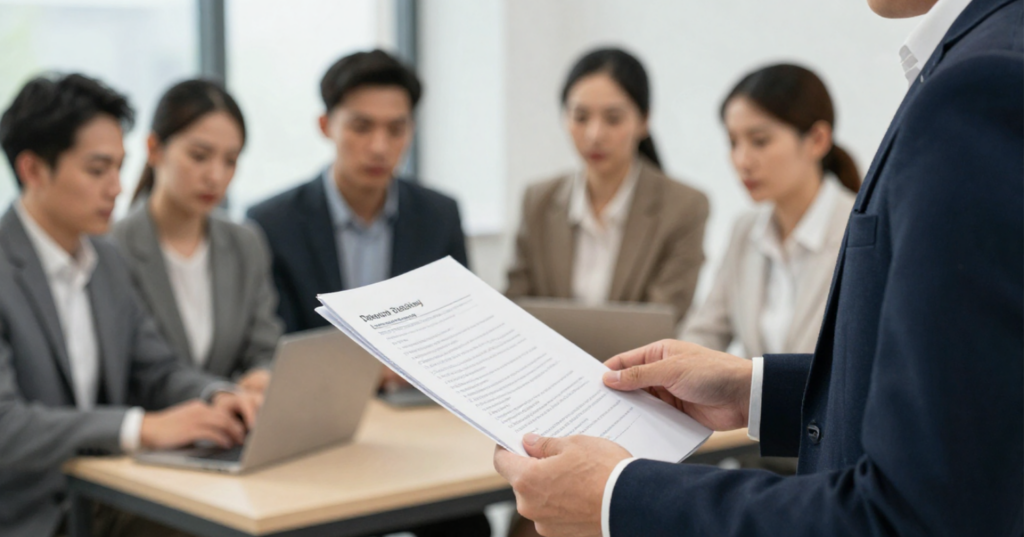 Business meeting with professional individuals reviewing documents and discussing HR management strategies.