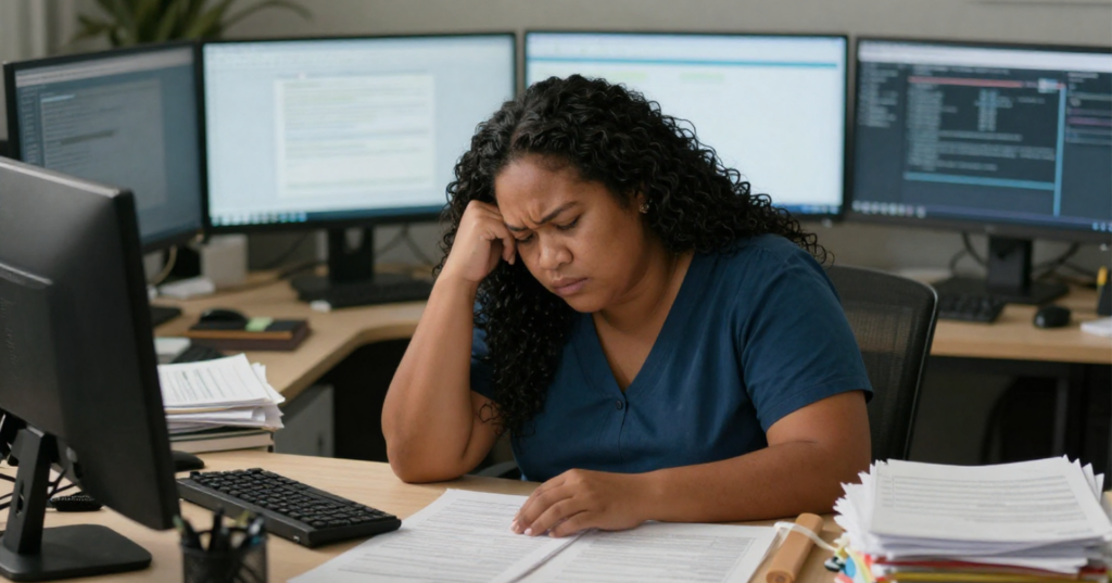 Woman in blue shirt looking stressed while reviewing payroll documents at a cluttered desk with multiple computer monitors, illustrating challenges of in-house HR management and compliance issues.