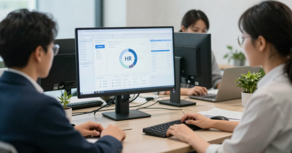 Office setting with professionals managing HR tasks on computers, displaying HR analytics and data management, relevant to small business HR solutions.