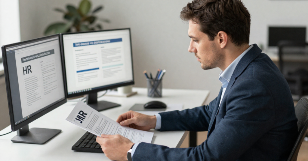 Business professional reviewing HR documents with dual monitors, exploring in-house HR versus PEO services for small businesses in Utah.