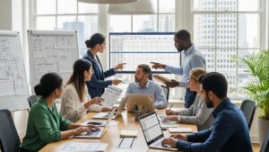 Diverse team collaborating on payroll reporting and audit processes in a modern office