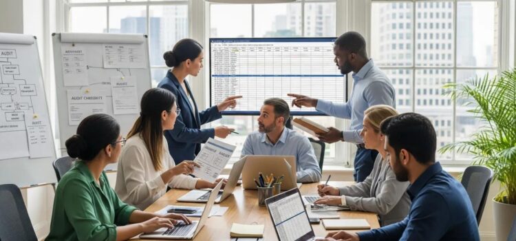 Payroll Reporting, Audits and Reconciliation Diverse team collaborating on payroll reporting and audit processes in a modern office