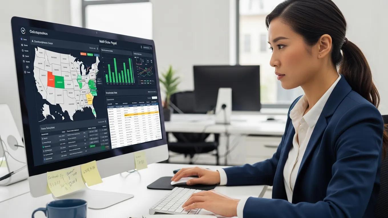 Business professional using multi-state payroll software to analyze payroll data and ensure compliance