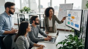 Business professionals collaborating on HRIS and payroll integration in a modern office environment