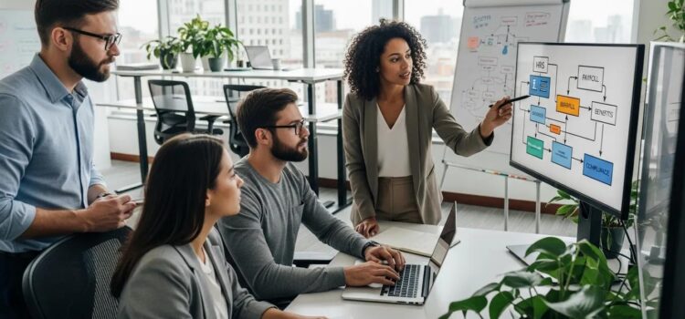 Business professionals collaborating on HRIS and payroll integration in a modern office environment