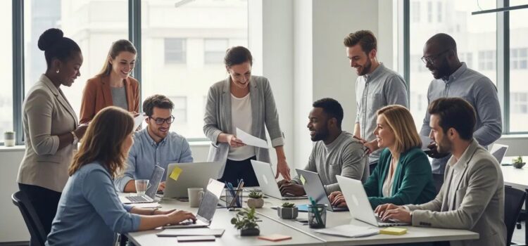 Diverse group of workers collaborating in a modern office, illustrating employee and contractor roles and classification