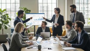 Diverse professionals collaborating on payroll reporting and workforce cost management in a modern office setting