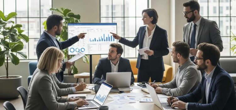 Payroll Reporting, Cost Allocation and Analytics Diverse professionals collaborating on payroll reporting and workforce cost management in a modern office setting