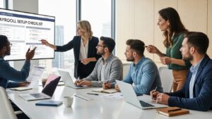 New employers collaborating on payroll setup checklist in a modern office environment