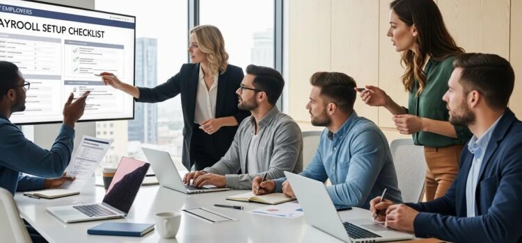 New employers collaborating on payroll setup checklist in a modern office environment
