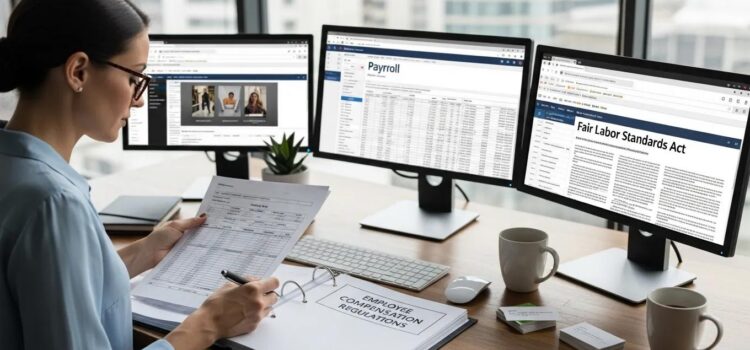 Business owner reviewing payroll documents related to final pay and wage compliance in an office setting