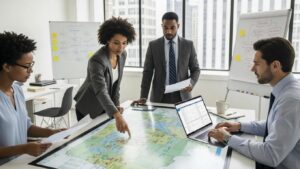 Business professionals collaborating on multi-state payroll management in a modern office setting
