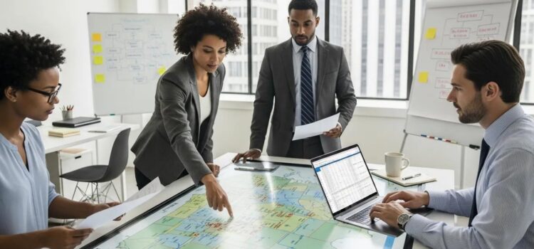 Multi-State Payroll Requirements and Best Practices Business professionals collaborating on multi-state payroll management in a modern office setting