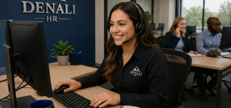 HR consultant advising a business owner on payroll integration strategies in a modern office environment