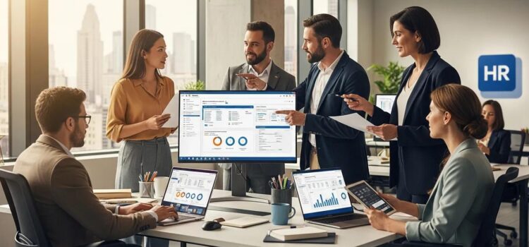 Team collaborating on payroll software integration and HR payroll technology in a modern office
