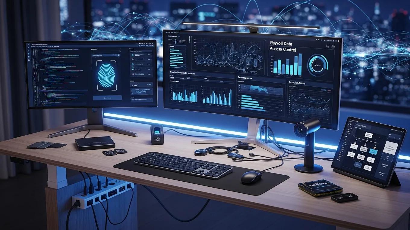 Modern workspace showcasing tools and technologies for payroll data security and access control