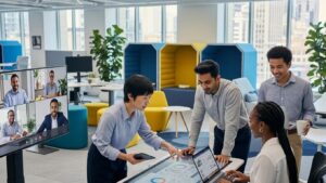 Diverse professionals collaborating in a modern remote and hybrid work environment following flexible work policy guidelines