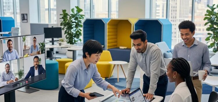 Diverse professionals collaborating in a modern remote and hybrid work environment following flexible work policy guidelines