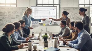 Diverse professionals collaborating in an office on payroll compliance and wage garnishments management