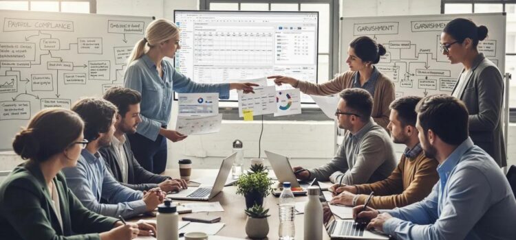 Managing Wage Garnishments and Deductions Diverse professionals collaborating in an office on payroll compliance and wage garnishments management