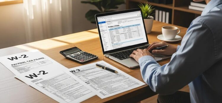 Small business owner managing payroll tax filing and payroll tax forms with a laptop and paperwork