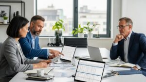 Business professionals collaborating on payroll administration and compliance strategies in a modern office setting