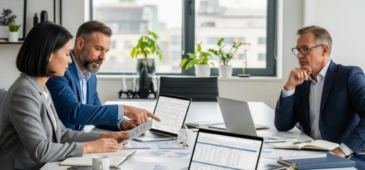 Business professionals collaborating on payroll administration and compliance strategies in a modern office setting