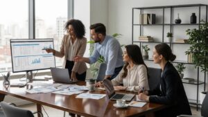 Business professionals collaborating on HR outsourcing pricing strategies in a modern office setting