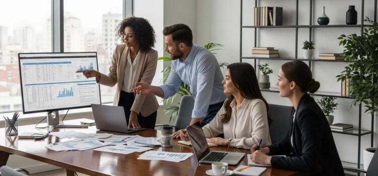 Business professionals collaborating on HR outsourcing pricing strategies in a modern office setting