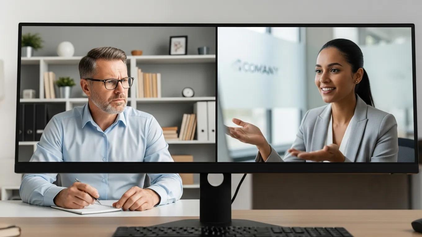 Professional consulting with an outsourced payroll expert via video call to resolve payroll errors in a home office