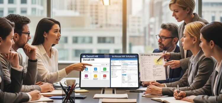 Maximizing Efficiency: Denali HR or In-House HR for Success? Business professionals collaborating on HR strategies comparing Denali HR and in-house HR solutions in a modern office