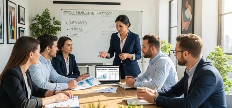 Team discussing payroll management strategies comparing outsourced and in-house payroll in a modern office setting