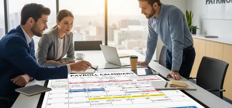 Business professionals collaborating over a detailed payroll calendar template in a modern office setting