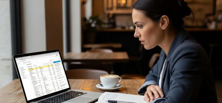 Small business owner comparing payroll providers on a laptop with coffee