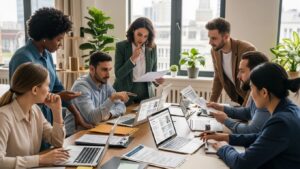 Diverse small business team collaborating on employment background checks and hiring processes in a modern office