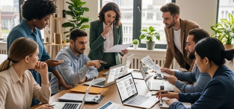 Diverse small business team collaborating on employment background checks and hiring processes in a modern office