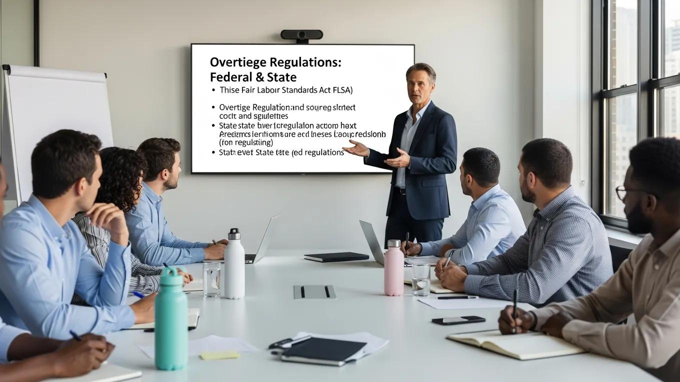 Manager explaining federal and state overtime regulations to employees in a workplace meeting