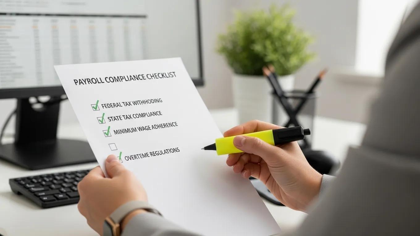 Close-up of a payroll compliance checklist being reviewed by HR personnel in an office setting
