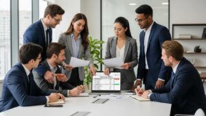 Diverse professionals discussing payroll garnishment and wage deduction management in a modern office setting