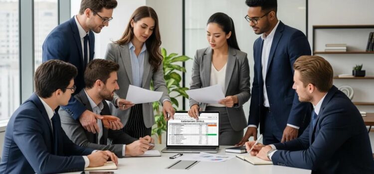 Diverse professionals discussing payroll garnishment and wage deduction management in a modern office setting