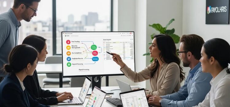 Business professionals collaborating on payroll and HRIS platform integration showing payroll data connectivity on computer screens in a modern office