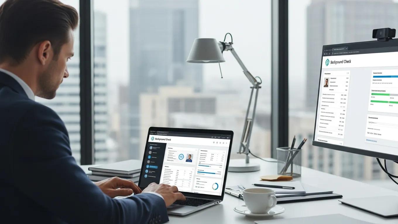 Business professional conducting employment background checks using a laptop in a modern office