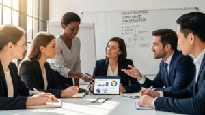 Diverse business professionals collaborating on HR outsourcing compliance risk reduction strategies